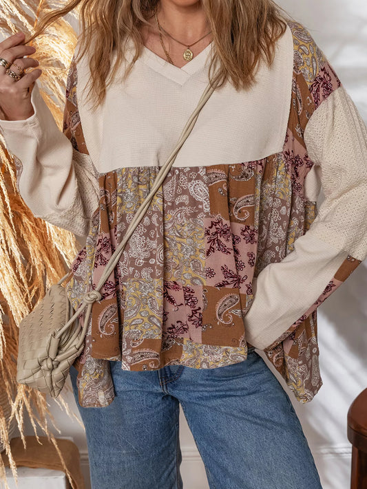 Paisley Ethnic Print Contrast Patchwork Long Sleeve Loose Top