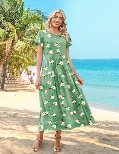 Zeagoo Summer Dresses for Women 2026 Casual Loose Bohemian Floral Dress A Line Flowy Maxi Dress Green Floral M