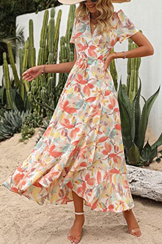 PRETTYGARDEN Women's Summer Wrap Maxi Dress Casual Boho Floral V Neck Short Sleeve Ruffle Hem Split Beach Long Dresses (White Floral,Medium)