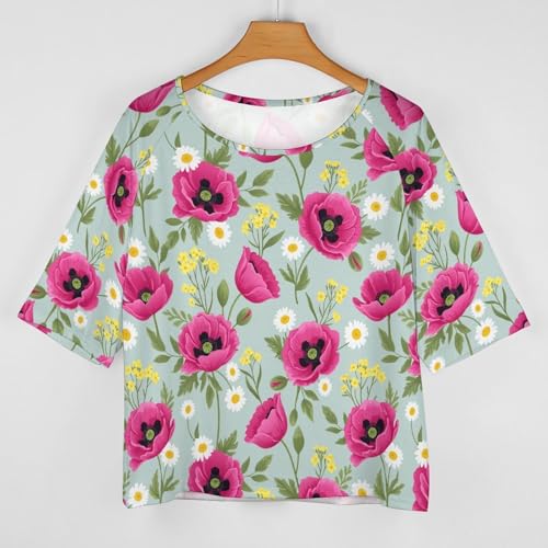 Off Shoulder Mid Sleeve Tee Relaxed Fit Soft Women's Top Streetwear Fashion Spring Poppy Daisy Blue Floral Pattern 5XL