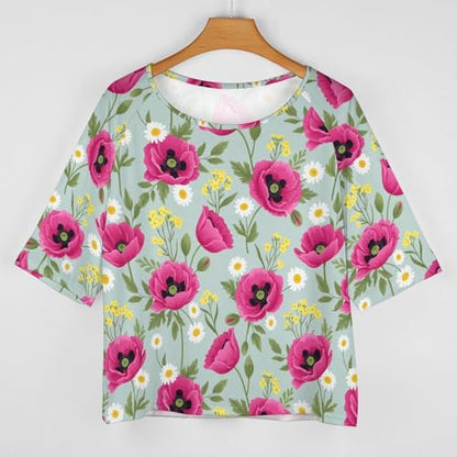 Off Shoulder Mid Sleeve Tee Relaxed Fit Soft Women's Top Streetwear Fashion Spring Poppy Daisy Blue Floral Pattern 5XL