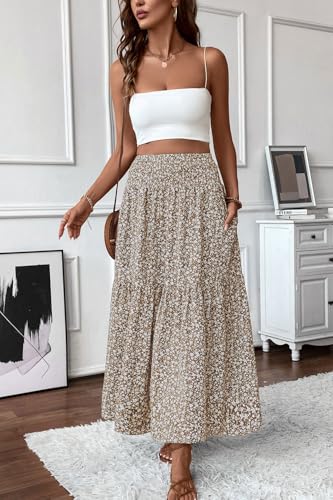 TuoGo Women's Smocked High Waist Maxi Long Skirt with Pockets (L,932-Khaki Floral)