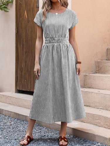 ANRABESS Womens Summer Midi Dress Striped Casual Short Sleeve Crewneck Empire Waist 2026 Flowy Long Beach Dress with Pockets Black White Stripe Medium