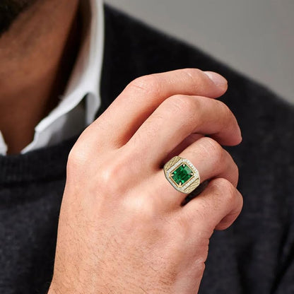 RSYHB 10K 14K 18 Gold Created Emerald Rings for Men 4 CT Gemstone Engagement Rings with Moissanite Jewelry Gift for Him
