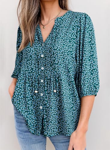 Dokotoo Summer Tops for Women Boho 3/4 Sleeve Shirts Button Down Tie V Neck Bohemian Floral Printed Babydoll Peplum Dressy Casual Ladies Elegant Loose Work Office Blouses Plus Size Green XX-Large