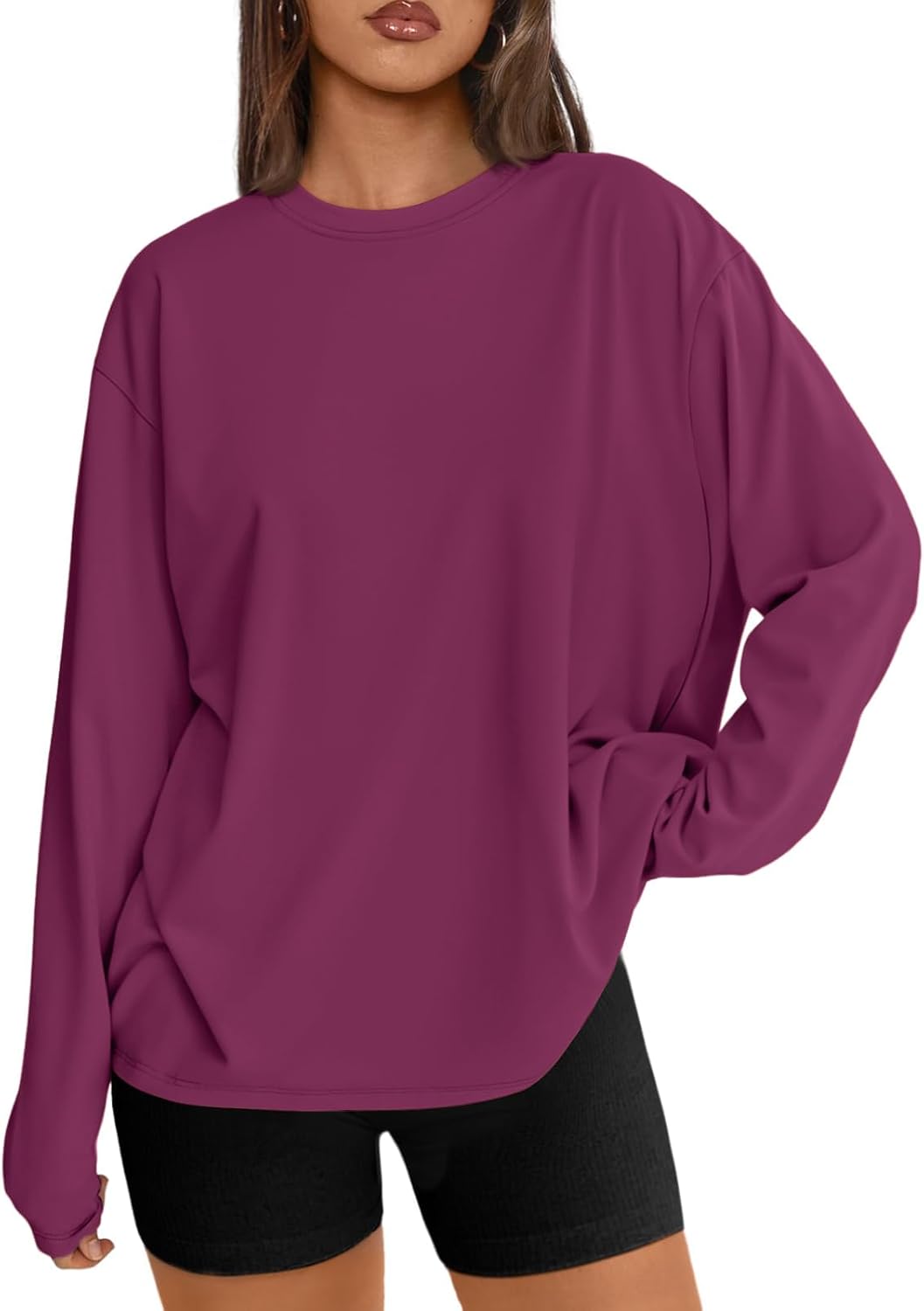 Women's Oversized Long Sleeve T-Shirt Casual Crewneck Basic Tee Wine