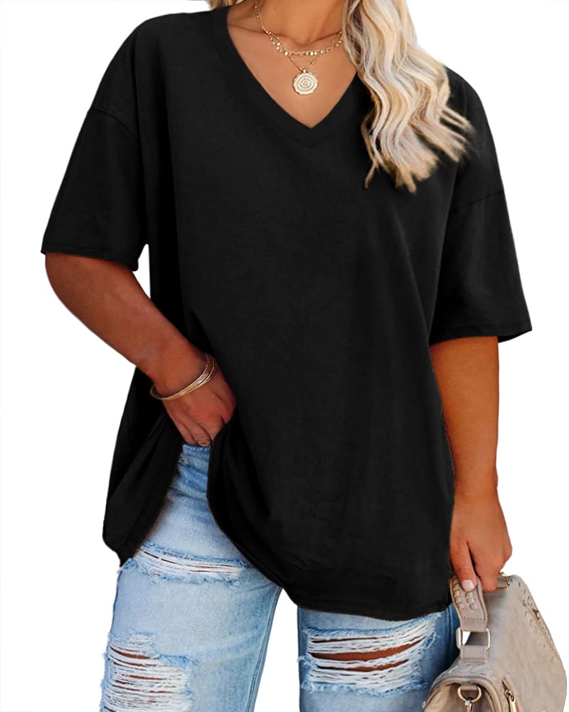 Cato Fashions Online - Women's Plus Size V-Neck Cotton T-Shirts - Summer Half Sleeve Casual Loose Fit Tunic Tops Black