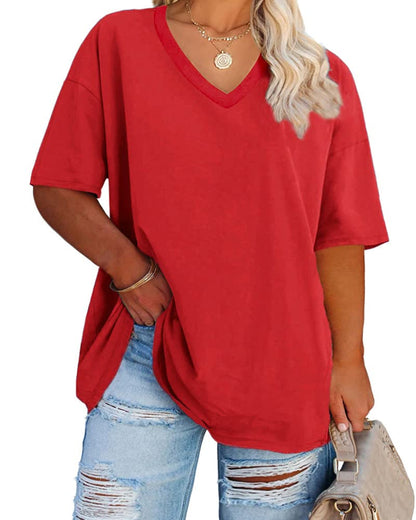 Cato Fashions Online - Women's Plus Size V-Neck Cotton T-Shirts - Summer Half Sleeve Casual Loose Fit Tunic Tops Red