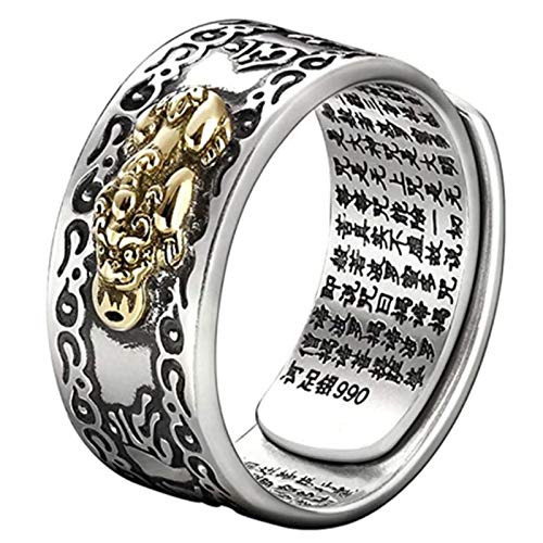 HJ HUAJ 990 Silver Feng Shui Ring PiXiu Rings Protection Wealth Adjustable Gift for Men and Women