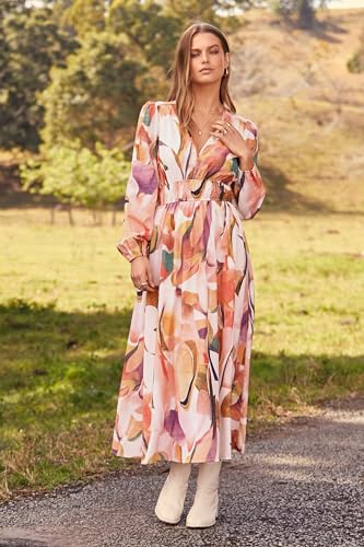 PRETTYGARDEN Women's Floral Midi Dress Casual Fall V Neck Long Sleeve Flowy Spring Beach Wedding Guest Vacation Dresses (Pink Watercolour,Large)