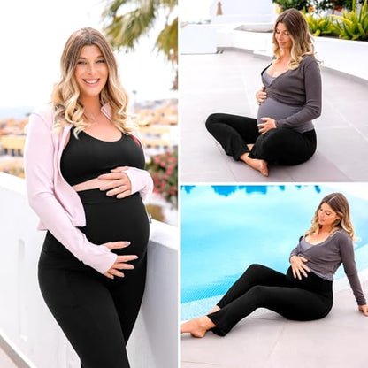 Leafigure Maternity Flare Leggings with Pockets Over The Belly Yoga Pants for Workout Soft Pregnancy Activewear Black XL