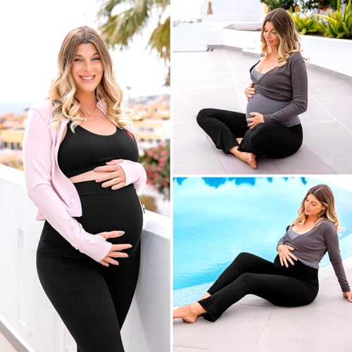 Leafigure Maternity Flare Leggings with Pockets Over The Belly Yoga Pants for Workout Soft Pregnancy Activewear Black XL