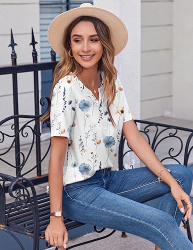 Zeagoo Dressy Tops for Women Short Sleeve Summer Outfits Loose Fit V Neck T Shirts Fall Dressy Blouses Floral White