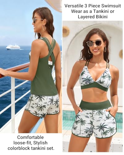 Daci Green Palm Tree Women 3 Piece Tankini Swimsuits - Tummy Control Tank Top with Bra Modest Bathing Suit with Pockets Boyshorts Bottom 2026 L