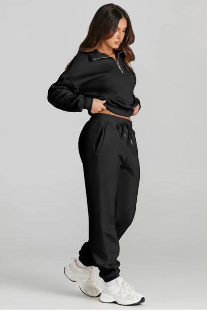 Quarter Zip Top and Drawstring Pants Active Set Black