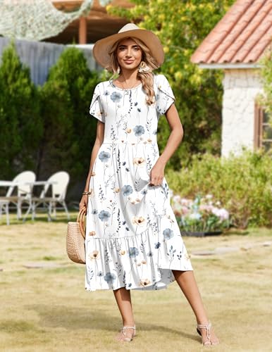 Zeagoo Tee Shirt Dress for Women Summer Short Sleeve Tiered Midi Dresses Boho A Line Casual Loose Sundress with Pockets Shift Crew Neck Dress White Floral L