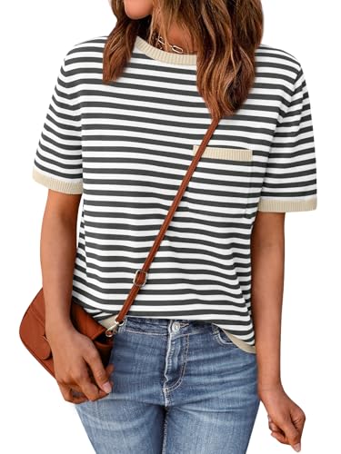 LILLUSORY Womens Spring Short Sleeve Sweater Shirts Tops Summer 2026 Cute Business Dressy Casual Teacher Trendy Outfits Clothes Blouse Work School Vacation Fashion Cotton Striped Apricot Black M