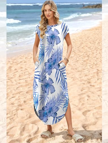 WIHOLL Summer Dresses for Women 2026 Maxi Long Casual Dress Flowy Beach Vacation Clothes Travel Cruise Outfits Resort Wear Swimsuit Cover up Floral Hawaiian Tropical Dress L