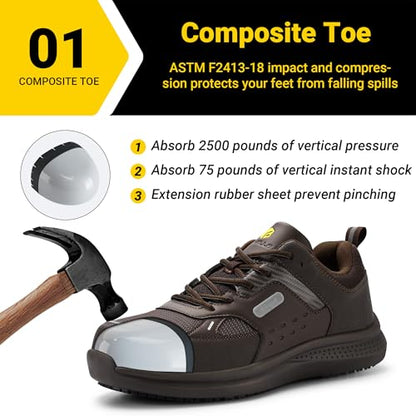 FitVille Extra Wide Steel Toe Shoes for Men, Composite Toe Work Shoes for Men, Water Resistant, Slip Resistant, Leather, Brown, 13 X-Wide
