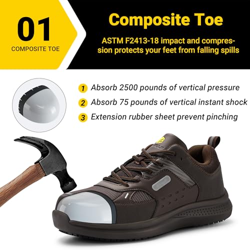 FitVille Extra Wide Steel Toe Shoes for Men, Composite Toe Work Shoes for Men, Water Resistant, Slip Resistant, Leather, Brown, 13 X-Wide