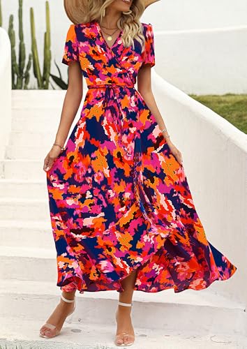 PRETTYGARDEN Women's Summer Wrap Maxi Dress Casual Boho Floral V Neck Short Sleeve Ruffle Hem Split Beach Long Dresses (Blue Orange Floral,X-Large)
