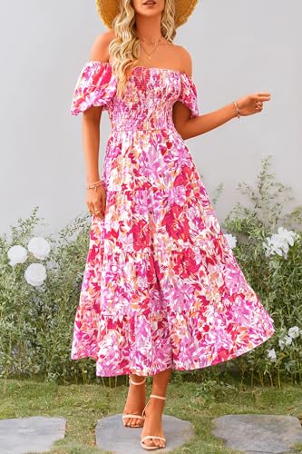 PRETTYGARDEN Women's Casual Summer Midi Dress Puffy Short Sleeve Square Neck Smocked Tiered Ruffle Dresses (Floral Rose Red,Large)