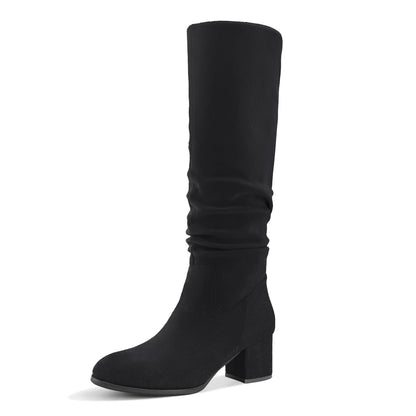 Shoe'N Tale Women's Knee High Boots Chunky Heel Pointed Toe Suede Slouch Winter Shoes with Side Zipper