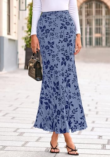 BTFBM Womens Floral Mesh Maxi Skirt 2026 Spring Summer Elastic High Waisted Boho Elegant Mermaid Long Skirts for Women(Dusty Blue, Medium)