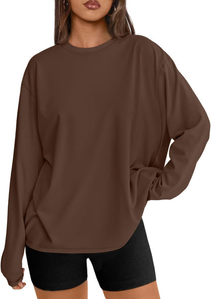 Women's Oversized Long Sleeve T-Shirt Casual Crewneck Basic Tee Brown