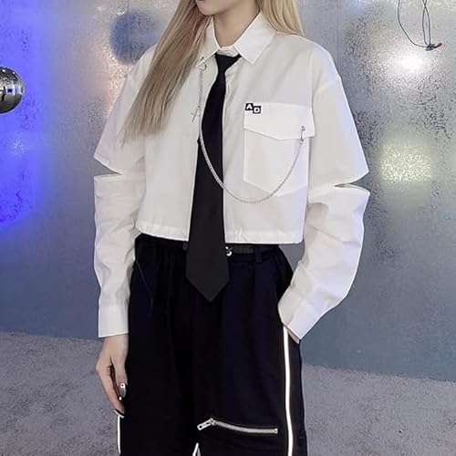 Women's Alt Emo Gothic Blouse Button Down Shirt Aesthetic Japanese Harajuku Streetwear Techwear Preppy Clothes (White,Small)