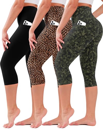 SUNCLOVE 3 Pack Capri Leggings for Women with 2 Pockets High Waisted Tummy Control Womens Capri Leggings