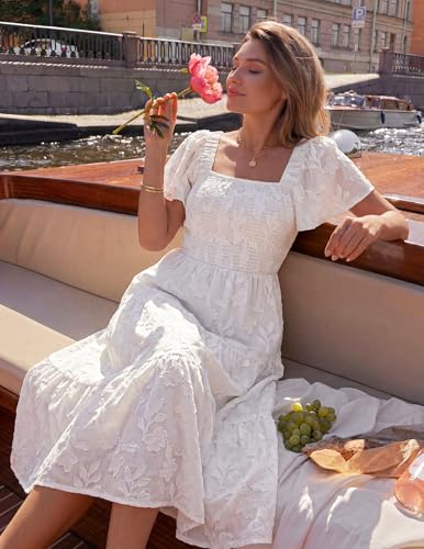 ZESICA Women‘s Summer Boho Floral Midi Dress 2026 Casual Short Sleeve Square Neck Flowy Beach Vacation Long Dress,White,Medium