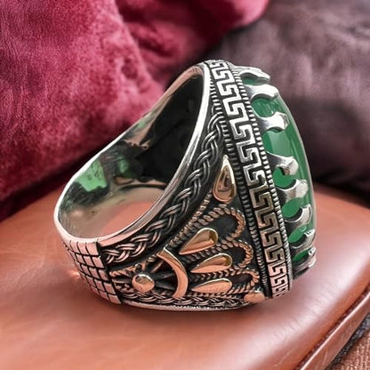 Big Stone,Yemen's Verdant Beauty Large Green Agate Ring in 925 Sterling Silver,Authentic Yemeni Agate Stone in 925 Silver - Statement Piece عقیق یمانی (11.5)