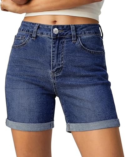 luvamia Jean Shorts for Women High Waisted Trendy Mid Thigh Long Cuffed Hem Long Shorts Stretchy Denim Women's for Summer Women Trendy Summer Casual Jorts Classic Blue Size Large US 12 to 14
