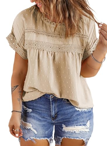 Eytino Women Plus Size Tops Crewneck Short Sleeve Lace Crochet Loose Casual Summer Blouses Shirts,3X Apricot