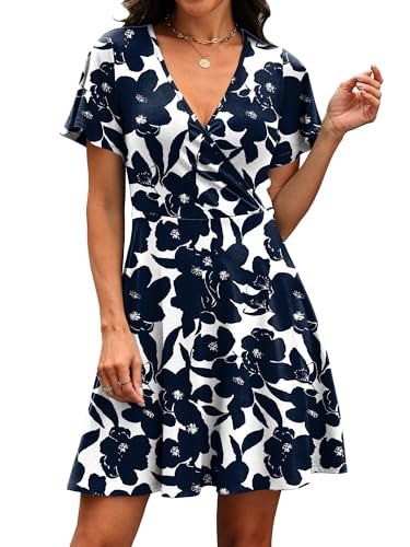 RUMIA Sundresses for Women 2026 Summer Beach Dresses Party A-line Wrap V Neck Dress Spring Clothing Floral Navy 02 L