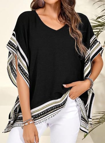 Falechay Flowy Tops for Women Blouses Dressy Casual T Shirts Short Sleeves V Neck Boho Tops Loose Tshirts Side Slit Tees Summer Fit Blouses Fall Ladies Beach Vacation Cute Tshirts Black L
