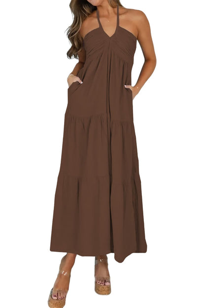 Blue Casual Dresses - Women's Halter Tiered Maxi Dress - Vacation Casual with Pockets