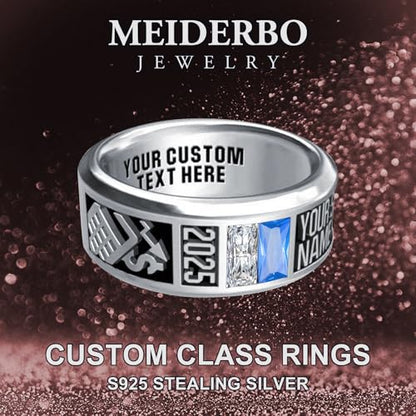 MEIDERBO Personalized Class Ring High School College Custom Birthstone Rings 925 Sterling Silver Engraved 2025 Graduation Jewelry Gifts for Men Size 4-15
