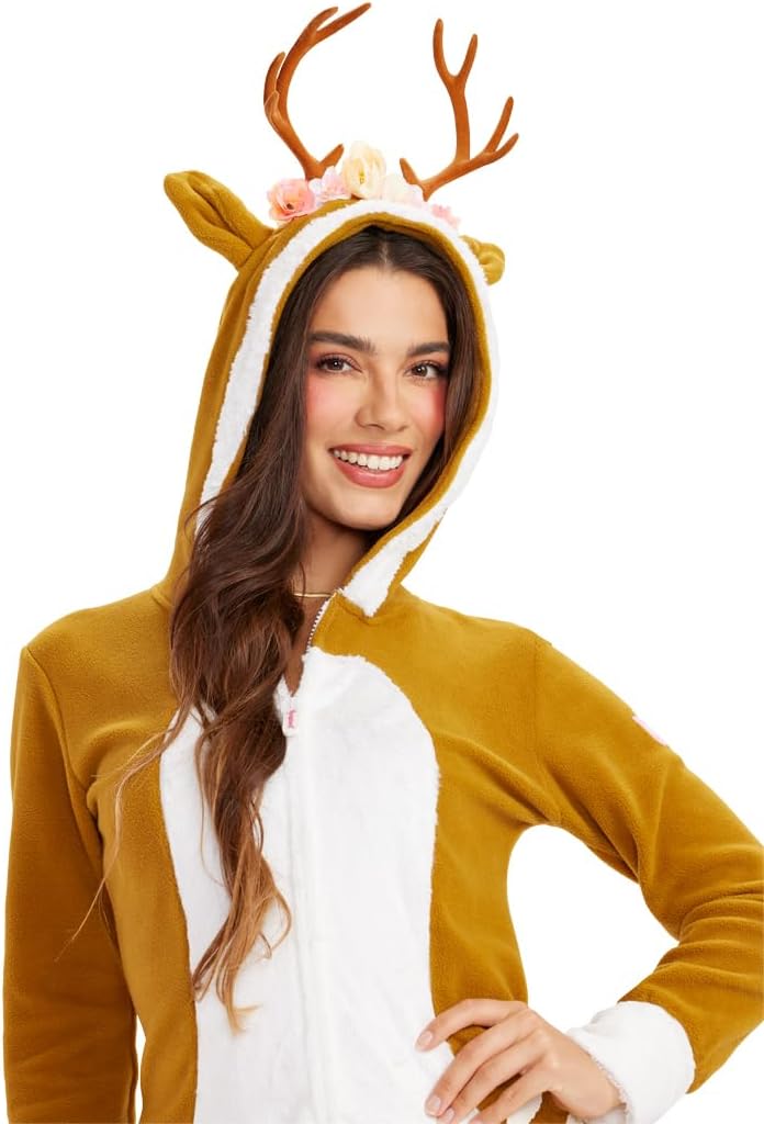 Deer Costume Dress - Women's Animal Halloween Outfit with Antlers and Crown