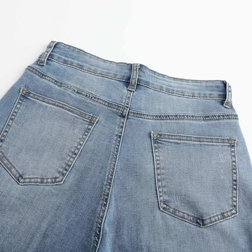 THUNDER STAR Womens High Waisted Wide Leg Jeans Stretchy Distressed Denim Pants Light Blue M