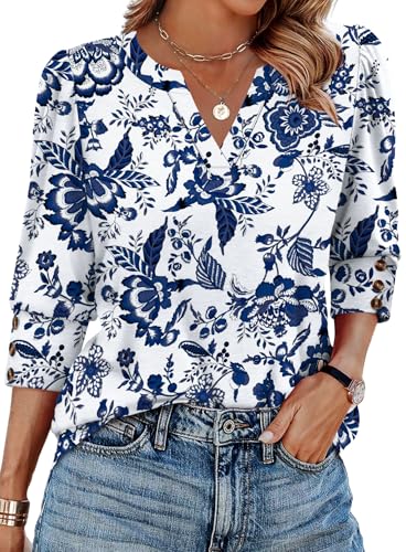 Boho Tops for Women 3/4 Length Sleeve Womens Tops Blouses Dressy Casual Early Fall Fashion 2026 Spring Outfits for Teachers Plus Size Summer Women's Clothing Trendy Fall Clothes Blue Floral 2XL