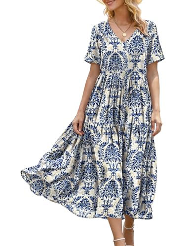 YESNO Women's Summer Maxi Dresses Casual Floral Short Sleeve V Neck Boho Beach Vacation Swing Dress with Pockets 2XL EVF CR425B