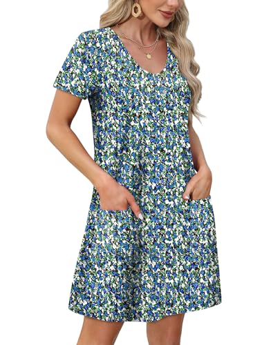 OFEEFAN Summer Dresses for Women 2026 Beach Fashion Vestidos De Verano para Mujer Women's Casual Dresses Loose V Neck Short Sleeve T Shirts Dress Sundresses with Pockets Floral 07 XL