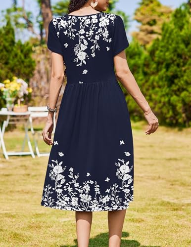 Zeagoo Women Summer Short Sleeve Midi Dress with Pockets Casual Aline Flowy Tshirt Dress Floral Vocation Beach Sundress