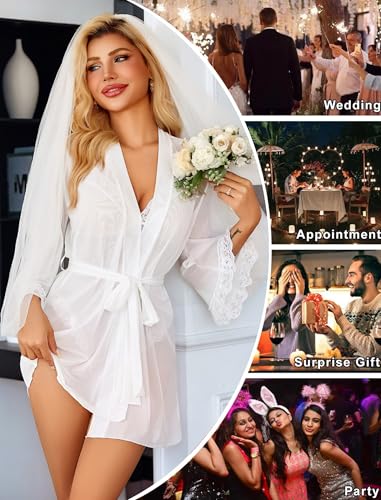 Avidlove Women's Lingerie Sets Sexy Body Suits Lace Robe Set 2 Piece Kimonos Teddy Mesh Sleepwear Nighty White M