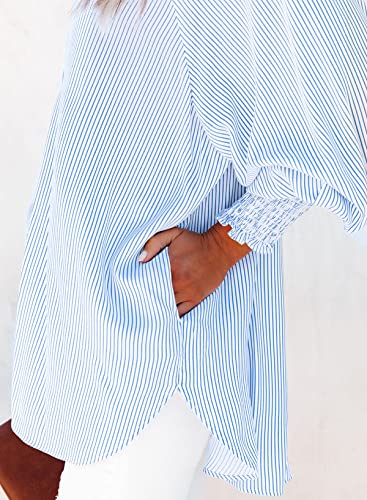 Women's Plus Size Smocked Cuffed Striped Boyfriend Shirt Casual Collar Long Sleeve Blouse Tops for Pocket Shirred Blue