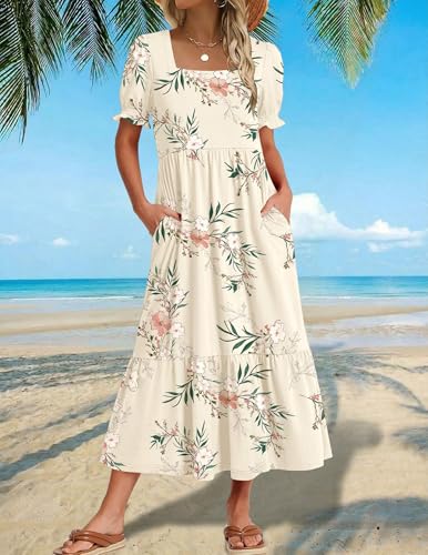 Zeagoo Casual Dress Summer Aline Dresses Short Sleeve Midi Sundresses Womens T-Shirt Dresses Square Neck Floral Vacation Dress with Pockets L