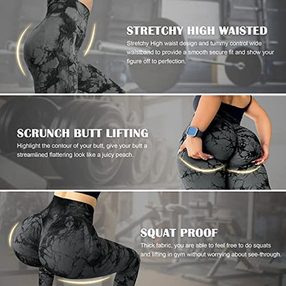 MOHUACHI Tie Dye Seamless Leggings for Women High Waist Yoga Pants, Scrunch Butt Lifting Workout Tights (Tie Dye Black Gray, XLarge)