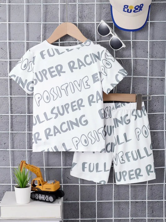 Children's Round Neck Cartoon Graphic T-Shirt and Shorts Set